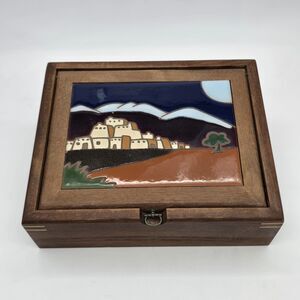 Vintage Handcrafted Wooden Jewelry Box Tile Inlay Santa Fe Signed